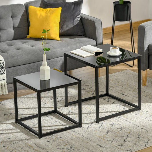 Set of 2 Modern Square Coffee Tables, in Steel and Tempered Glass, Black