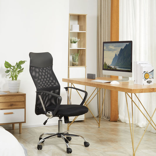 Ergonomic Office Chair Swivel and Rocking with Wheels, Adjustable Height and Mesh Backrest, 63x65x109-119 cm, Black