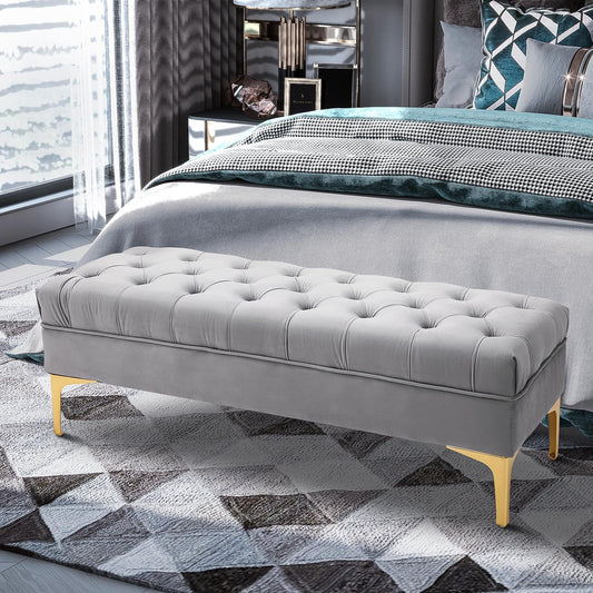 Upholstered Bench Bed Base in Velvet Fabric and Gold Metal Base, 118x45x42cm, Grey