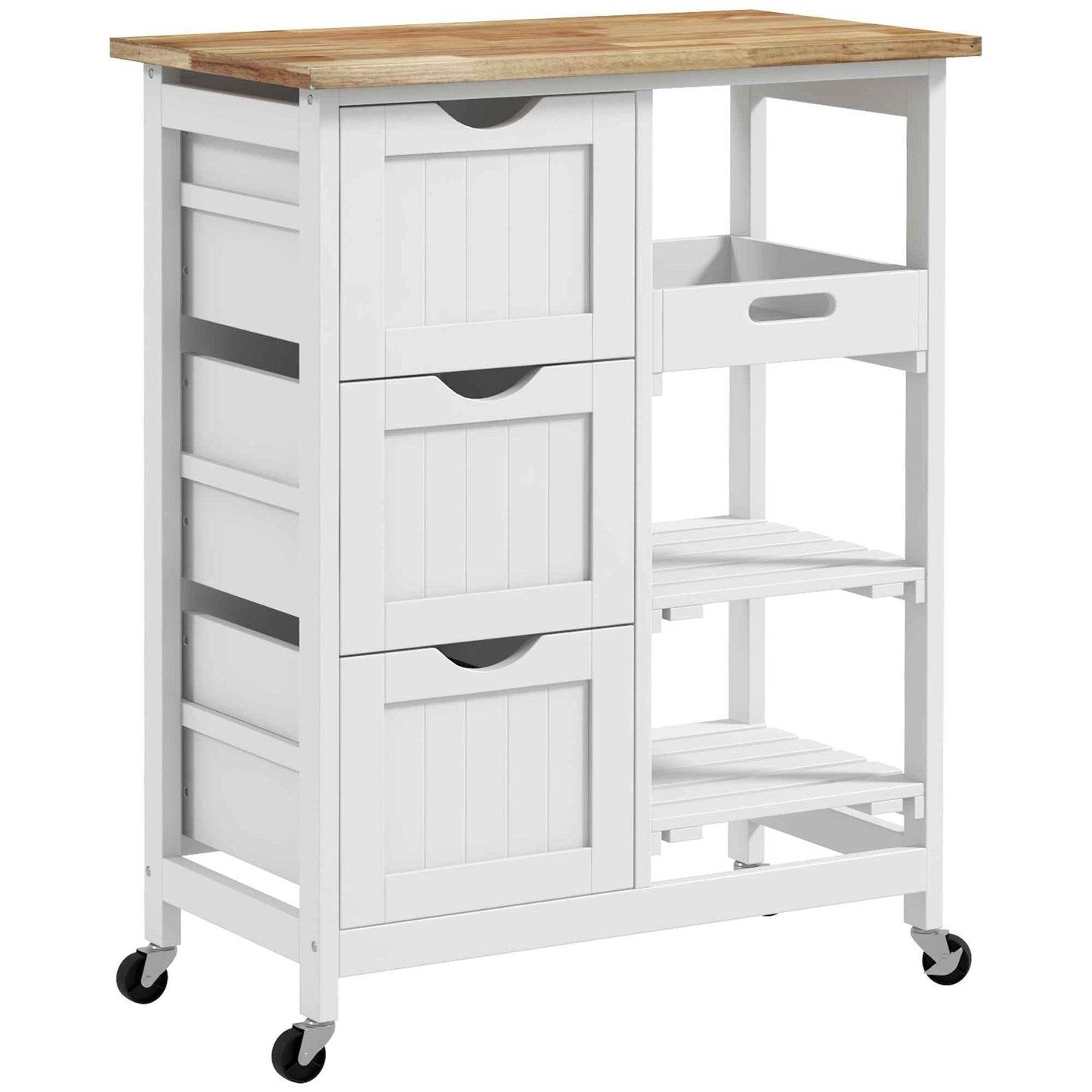 Wooden Kitchen Cart with 3 Drawers and 3 Open Shelves, 67x37x85.5 cm, White