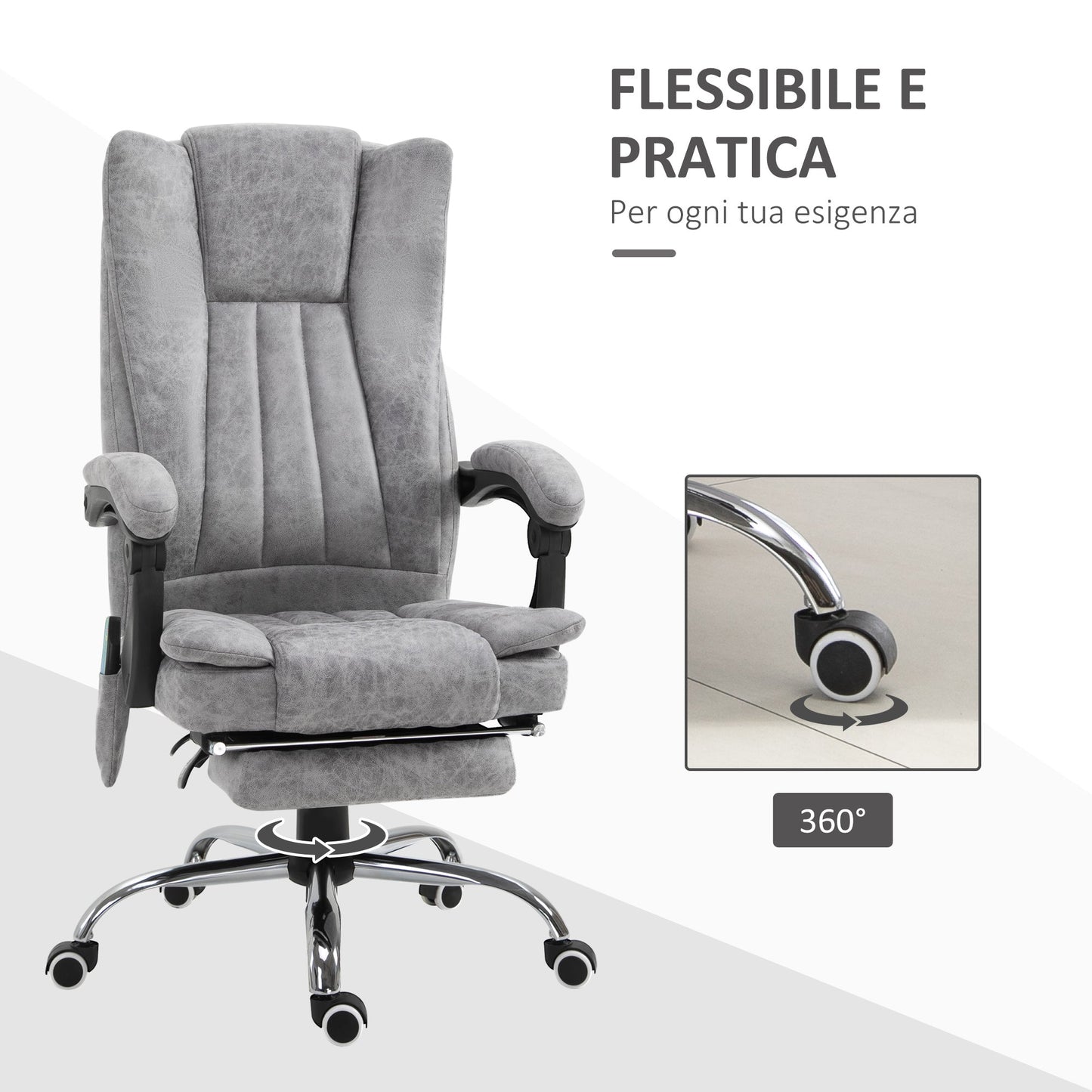 Height-Adjustable Heating and Massaging Office Chair, Armchair with Footrest, Ergonomic Microfiber Chair, 62x70x113-120 cm, Grey