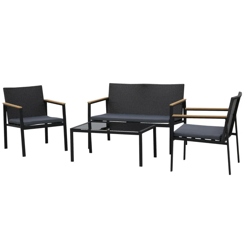 4-Piece Outdoor Lounge Set with 2 Chairs, Sofa and Coffee Table, Garden Furniture in Rattan and Black Steel