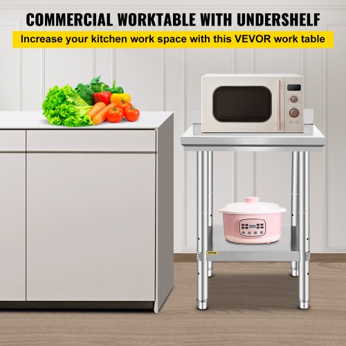 24 x 24 x 35 Inch Stainless Steel Work Table, Commercial Food Prep Worktable Heavy Duty Prep Worktable, Metal Work Table with Adjustable Height for Restaurant, Home and Hotel
