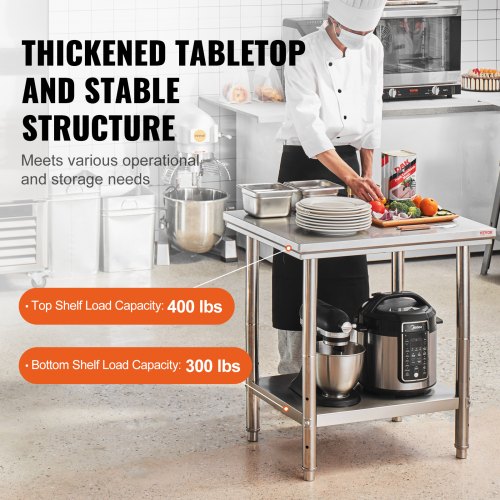 Stainless Steel Prep Table, 24 x 30 x 31 Inch, 700 lbs Load Capacity, Heavy Duty Metal Worktable with 3 Adjustable Height Levels, Commercial Workstation for Kitchen Garage Restaurant Backyard