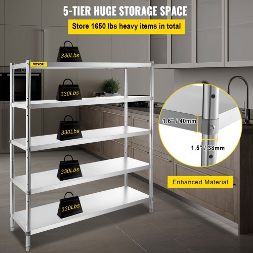 Storage Shelf, 5-Tier Storage Shelving Unit, Stainless Steel Garage Shelf, 180.1 x 45 x 180.1 cm Heavy Duty Storage Shelving, 748.4 kg Total Capacity with Adjustable Height