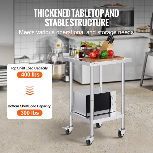 24 x 24 x 40 Inch Stainless Steel Work Table, Commercial Food Prep Worktable with Casters, Heavy Duty Prep Worktable, Metal Work Table with Adjustable Height for Restaurant, Home and Hotel