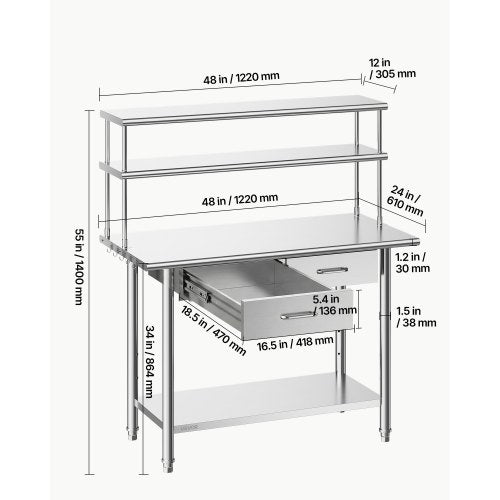 Stainless Steel Work Table, 61x122 cm Food Prep Table with Overshelves and 2 Drawers, Commercial Kitchen Workstation with Adjustable Undershelf, Metal Utility Worktable, Restaurant Garage