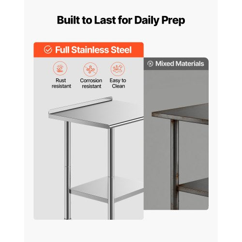 Stainless Steel Work Table, 61x76 cm Food Prep Table with Backsplash, Commercial Kitchen Workstation with Adjustable Undershelf, Metal Heavy Duty Utility Worktable, for Restaurant Outdoor