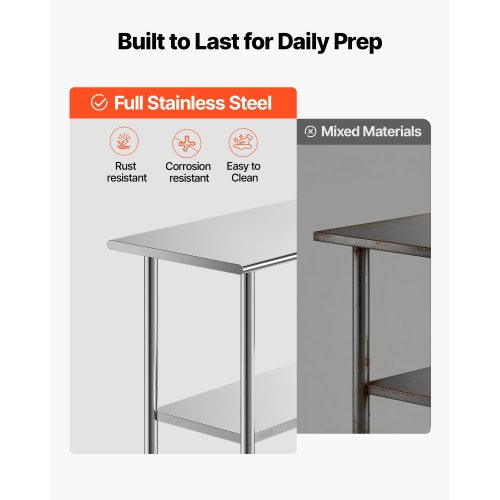 Stainless Steel Work Table, 61x152 cm Food Prep Table, Commercial Kitchen Workstation with Adjustable Undershelf, Metal Heavy Duty Utility Worktable, for Restaurant Home Hotel Garage Outdoor