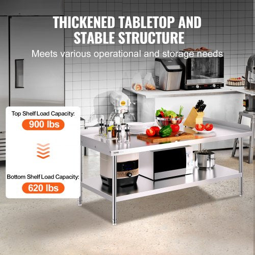 Stainless Steel Work Table, 30 x 60 x 26 Inch Commercial Food Prep Worktable, 3-Sided Backsplash Heavy Duty Prep Worktable, Metal Work Table for Restaurant Home Hotel
