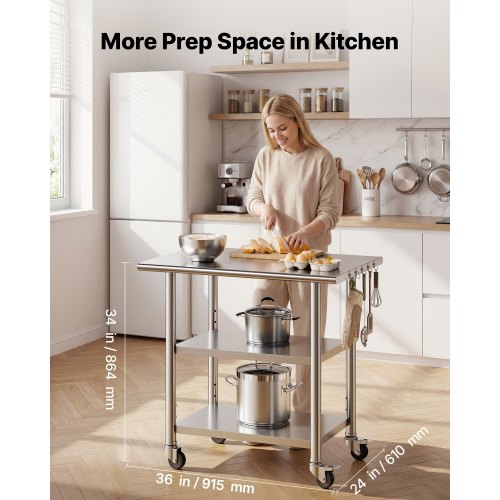 Stainless Steel Work Table, 61x91.5 cm Food Prep Table with 2 Shelves and Wheels, Commercial Kitchen Workstation, Metal Heavy Duty Utility Worktable, for Restaurant Home Hotel Garage Outdoor