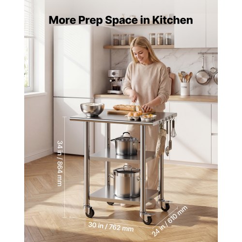 Stainless Steel Work Table, 61x76 cm Food Prep Table with 2 Shelves and Wheels, Commercial Kitchen Workstation, Metal Heavy Duty Utility Worktable, for Restaurant Home Hotel Garage Outdoor