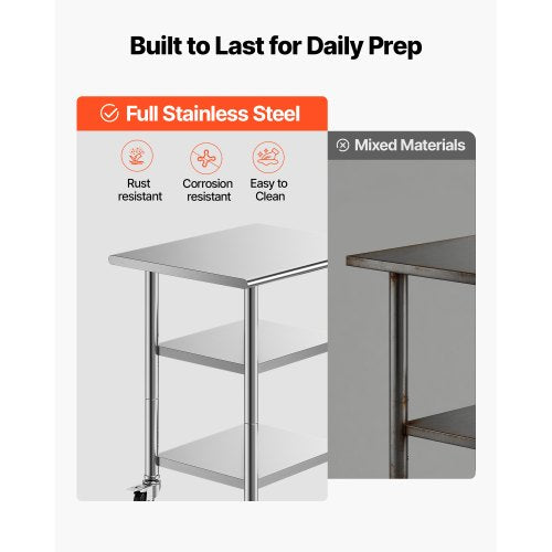 Stainless Steel Work Table, 61x76 cm Food Prep Table with 2 Shelves and Wheels, Commercial Kitchen Workstation, Metal Heavy Duty Utility Worktable, for Restaurant Home Hotel Garage Outdoor