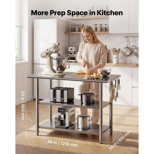 Stainless Steel Work Table, 61x122 cm Food Prep Table with 2 Shelves, Commercial Kitchen Workstation, Metal Heavy Duty Utility Worktable, for Restaurant Home Hotel Garage Outdoor