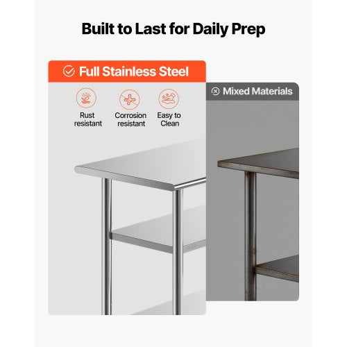 Stainless Steel Work Table, 61x122 cm Food Prep Table with 2 Shelves, Commercial Kitchen Workstation, Metal Heavy Duty Utility Worktable, for Restaurant Home Hotel Garage Outdoor