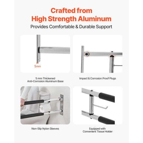 Toilet Safety Rail, 30 Inch U-Shaped Handicap Grab Bar, Foldable Senior Safety Pole, Flip Up Toilet Grab Bars with Anti-Slip Handle, 300 Lbs Load Capacity Security Handrail with Paper Holder