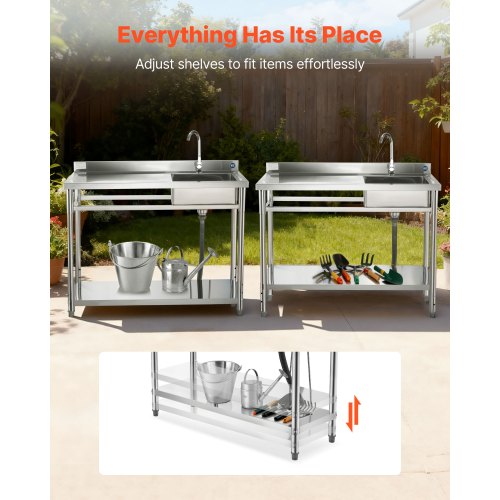 Stainless Steel Utility Sink, Free Standing Single Bowl Commercial Kitchen Sink with Faucet, Utility Left Basin Workbench with Hot & Cold Water Pipe for Garage Restaurant Laundry, 1200x500x940mm