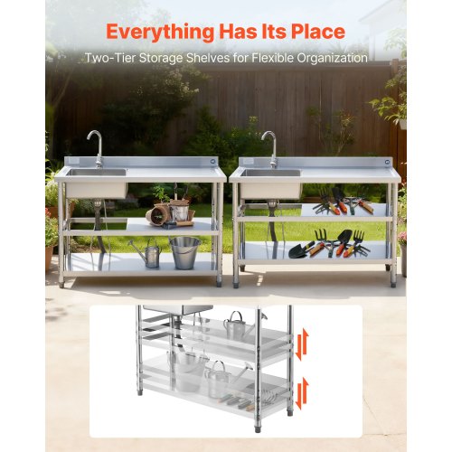 Stainless Steel Utility Sink, Free Standing Single Bowl Commercial Kitchen Sink with Faucet and Hot & Cold Water Pipe, Dual Storage Shelves for Garage, Restaurant, Laundry, 1200 x 500 x 940 mm
