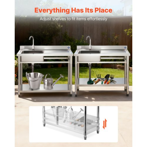 Stainless Steel Utility Sink, Freestanding Single Bowl Commercial Kitchen Sink with Faucet, Utility Right Basin Workbench with Hot & Cold Water Pipe for Garage Restaurant Laundry, 1200x500x940mm