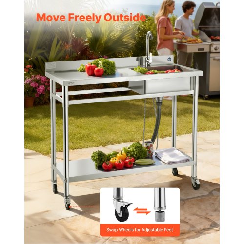 Stainless Steel Utility Sink, Rolling Single Bowl Commercial Kitchen Sink with Wheels, Faucet and Hot & Cold Water Pipe, Utility Basin Workbench for Garage Restaurant Laundry 1200 x 500 x 1055mm
