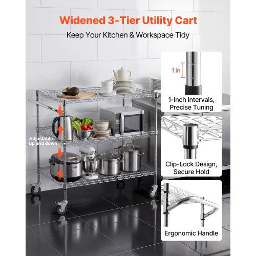 Kitchen Utility Cart, 3 Tier Heavy Duty Adjustable Wire Storage Rack, Commercial Steel Rolling Service Trolley on Wheels, Work Table with Handle Bar, for Garage and Laundry Room, 102x63x104 cm