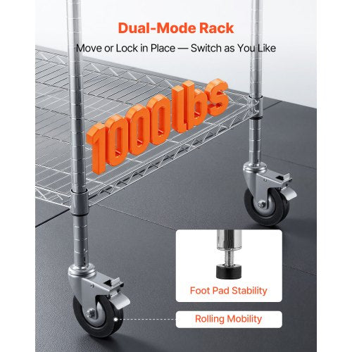 Kitchen Utility Cart, 3 Tier Heavy Duty Adjustable Wire Storage Rack, Commercial Steel Rolling Service Trolley on Wheels, Work Table with Handle Bar, for Garage and Laundry Room, 102x63x104 cm