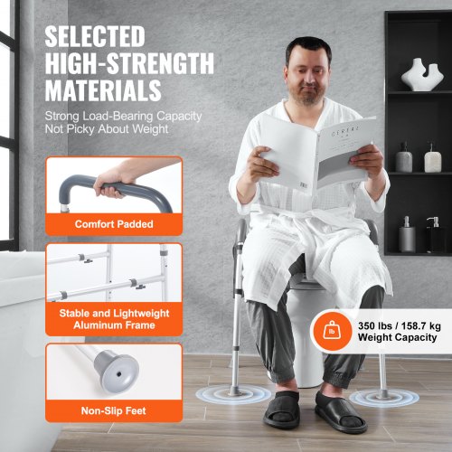 Raised Toilet Seat, 7-Position Height Adjustment 490 - 640 mm, 158.7 kg Weight Capacity, with Comfort Padded Aluminum Frame, Universal Toilet Seat Riser, for Elderly, Handicap, Pregnant, Medical