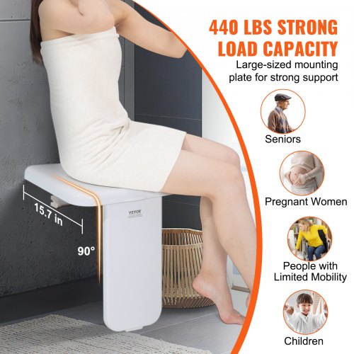 Folding ABS Shower Seat, 15.7'' x 16.7'' Unfolded, Wall Mounted Fold Up Shower Bench with 440 lbs Load Capacity, Space Saving Fold Down Shower Chair for Seniors Pregnant Women Children Adults