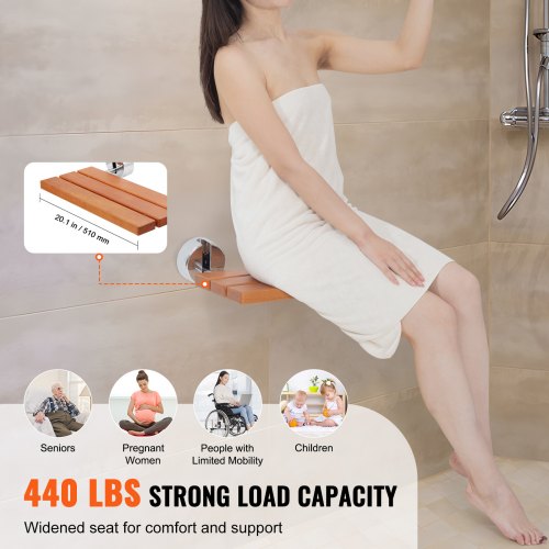 Folding Teak Shower Seat, 20.1" x 13.2" Unfolded, Wall Mounted Fold Up Shower Bench with 440 lbs Load Capacity, Space Saving Home Care Fold Down Shower Chair, for Seniors Pregnant Women Children