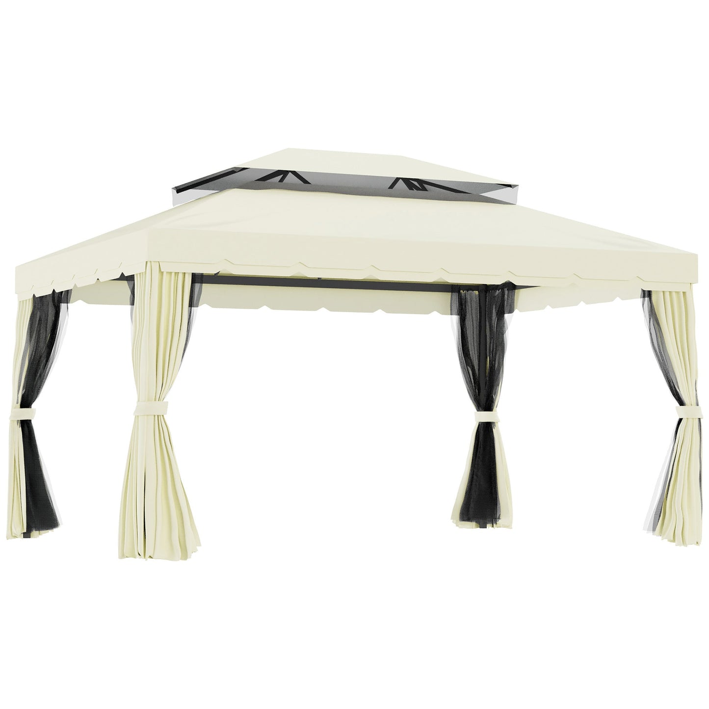 Garden Gazebo 4x3m with Mosquito Net, Curtains and Double Roof in Aluminum and Polyester, Cream