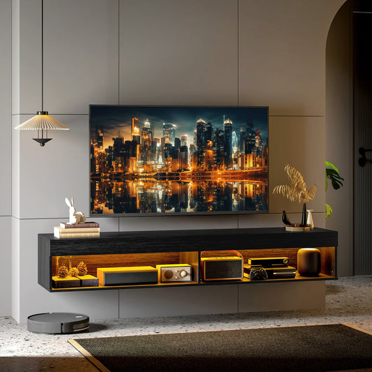 Wall Mounted TV Stand for up to 75" with 16 Color LED Lights and Remote Control, 180x40x30cm, Black
