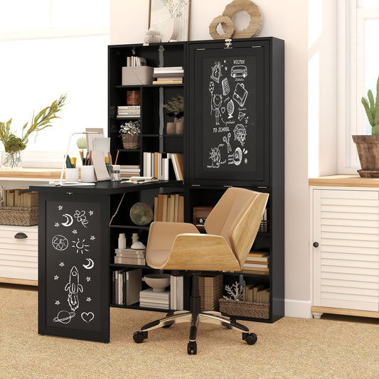Modern Folding Desk with Bookshelf and Blackboard, Wood and Metal, 98x51x153 cm, Black