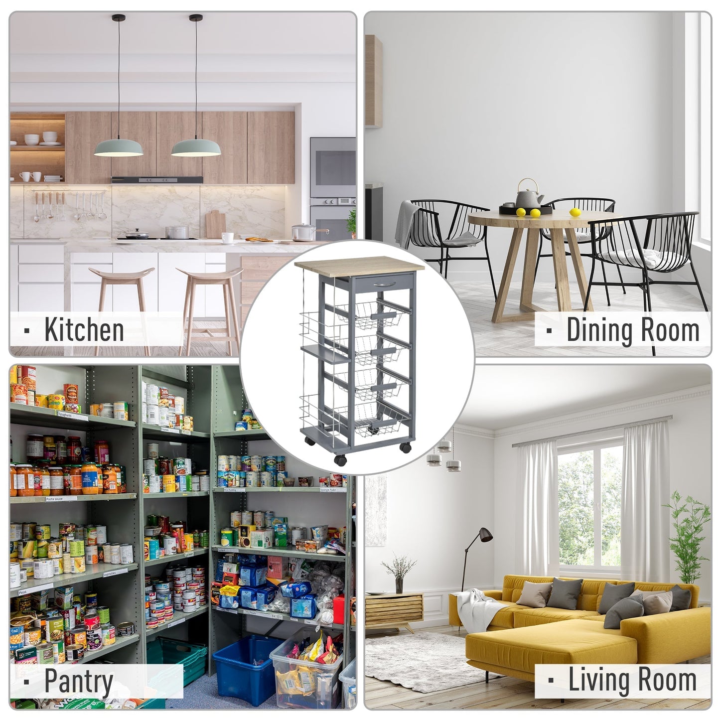 kitchen trolley in dark Grey with 1 drawer and 4 metal baskets