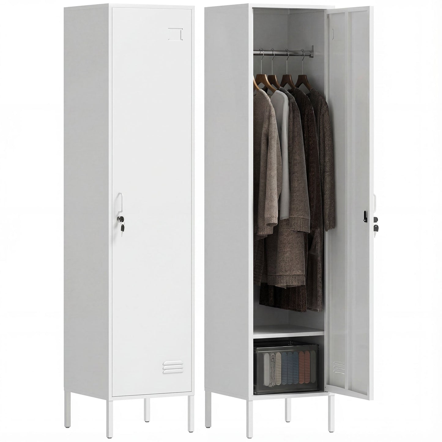 Metal Wardrobe with Lockable Door, Name Tag and Hanging Rail, 40x40x179 cm, White