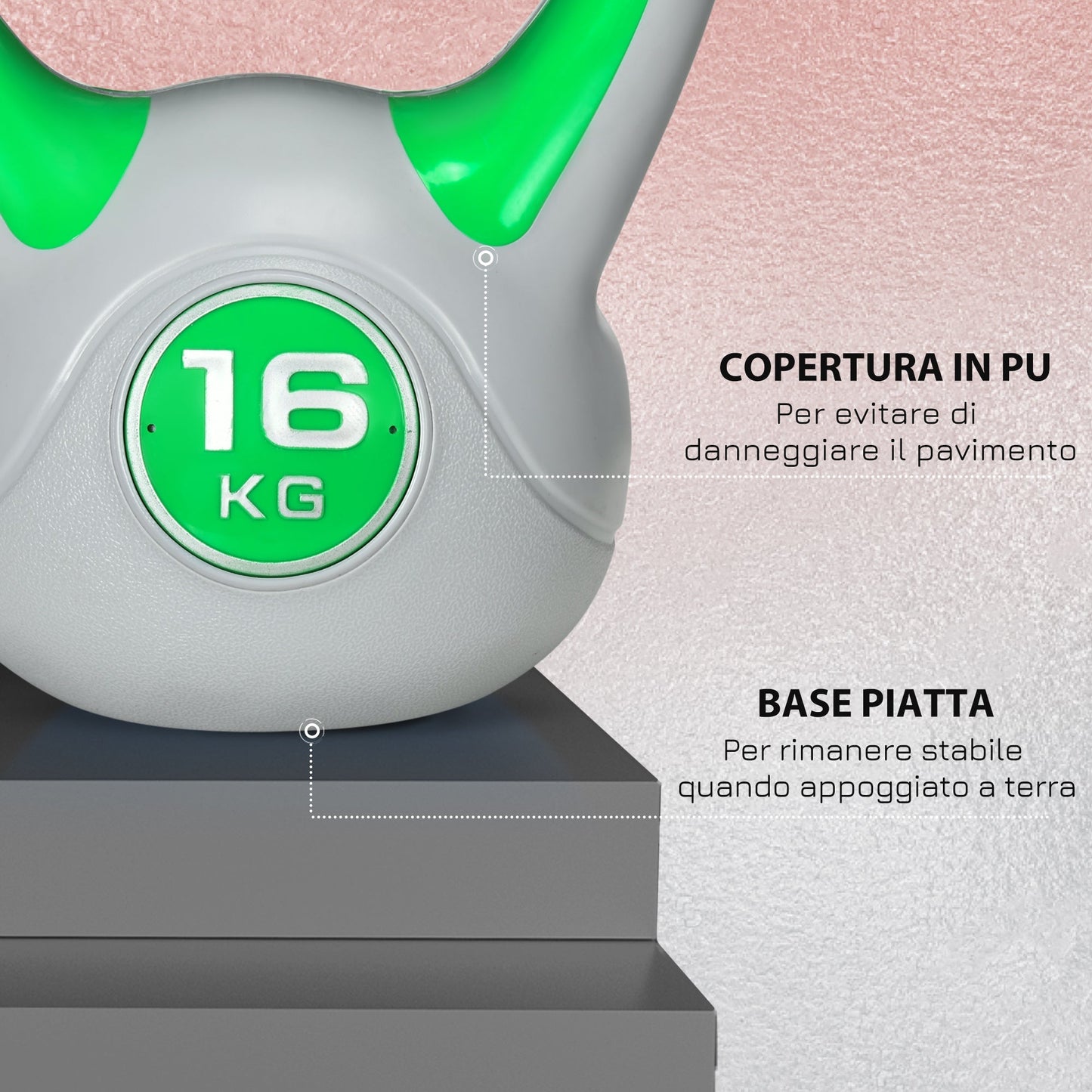 Kettlebell 16kg in PU and Sand with Flat Base and Handle for Deadlifts, Squats and Lifts, 26x18x32 cm, Green