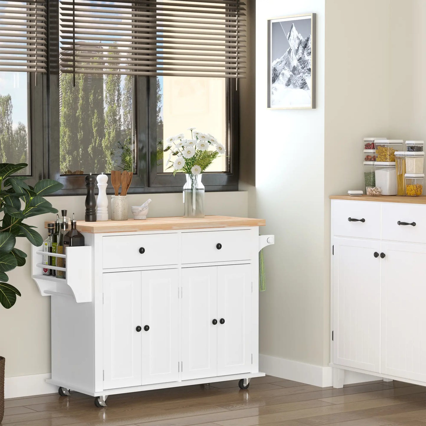 Kitchen Trolley with 2 Drawers and 2 Cabinets, Kitchen Island with Wooden Top, Spice Rack and Tea Towel Holder, White