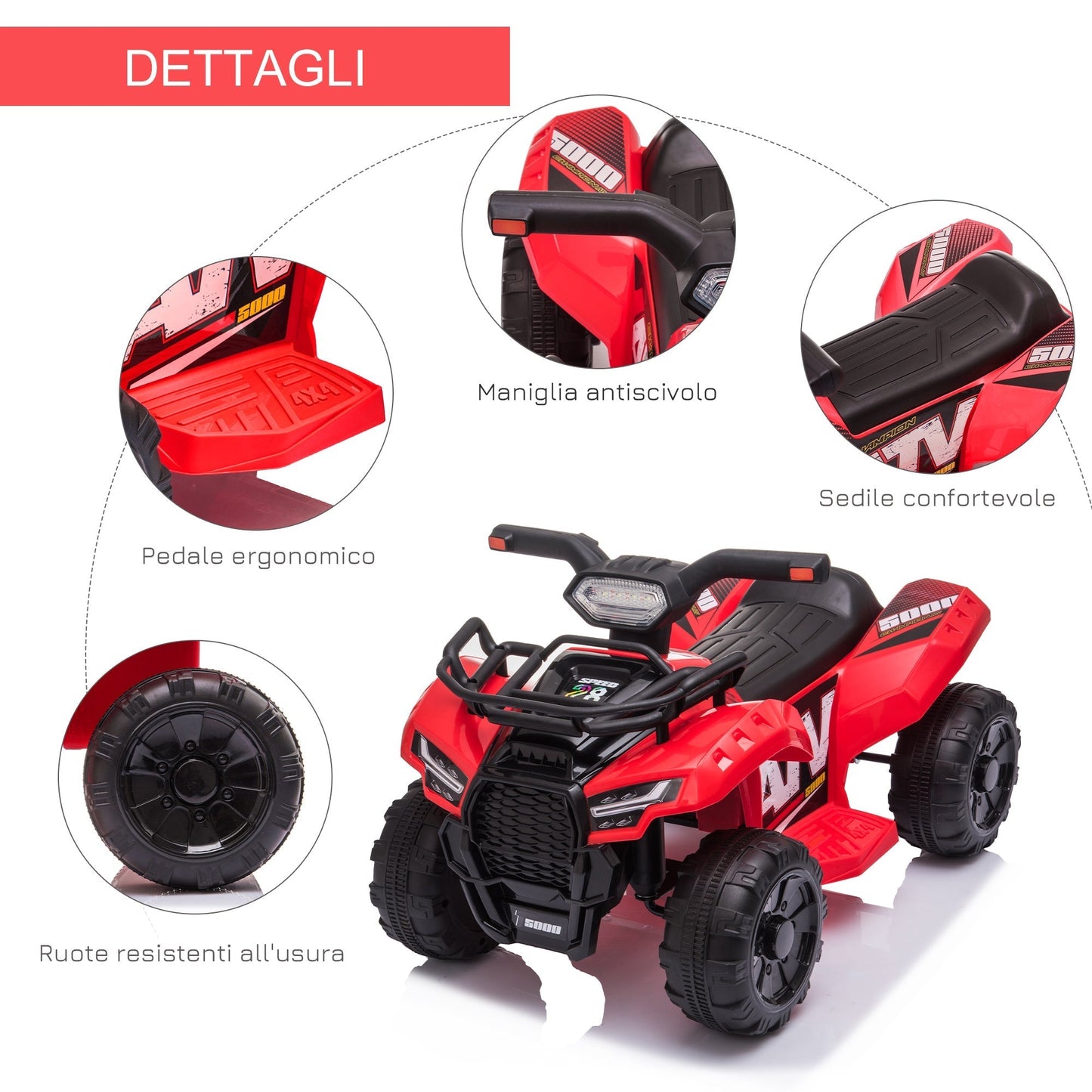Quad electric for children with 6V rechargeable battery, accelerator button, age 18-36 months, 70x42x45cm, red