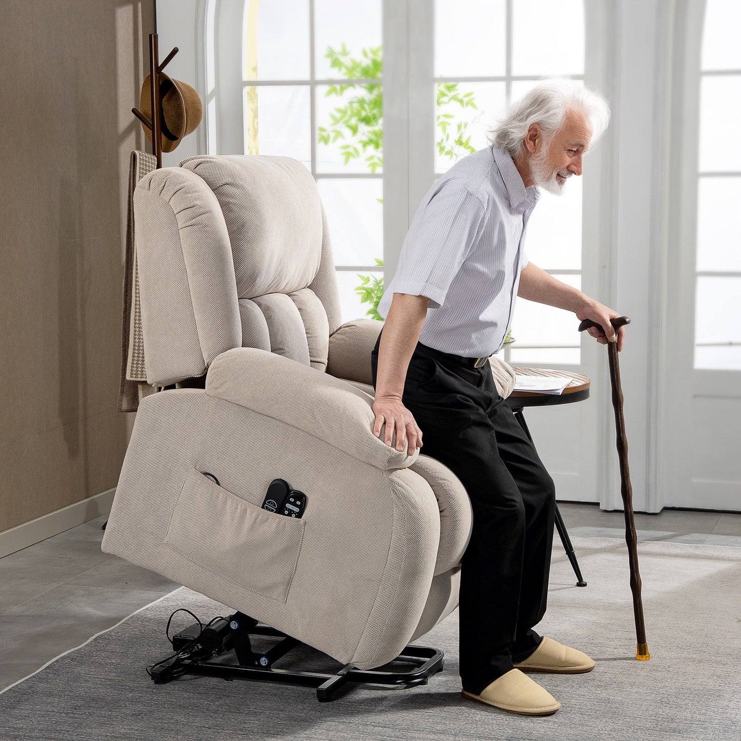 Lift Massage Reclining Chair with 2 Pockets and Remote Control, 93x104x105 cm, Beige