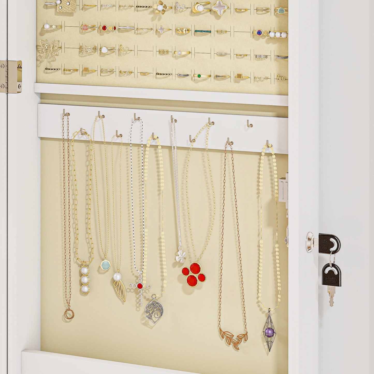 Wall-Mounted Mirrored Jewelry Cabinet with 2 Security Keys, Wooden, 36.5 x 9.5 x 67 cm, White