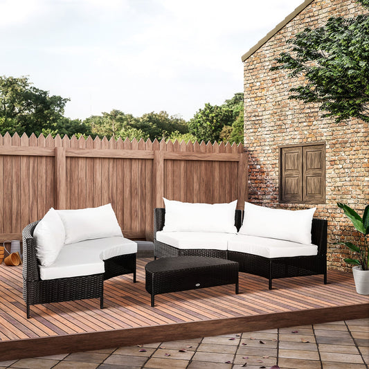 5-Piece Rattan Outdoor Sofa Set with Ottoman, Black and White Garden Lounge Set, 96cm x 68cm x 65cm