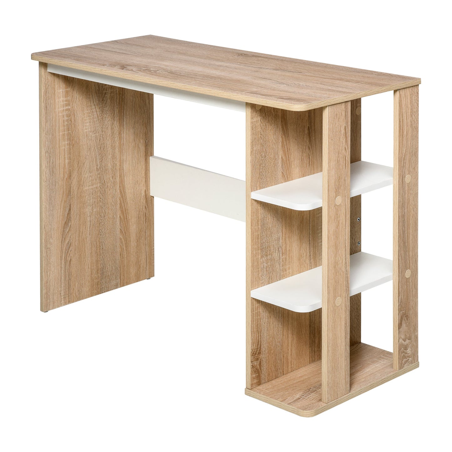 Modern Wooden Desk with 3-Tier Bookshelf, 100x44x74cm, White and Oak