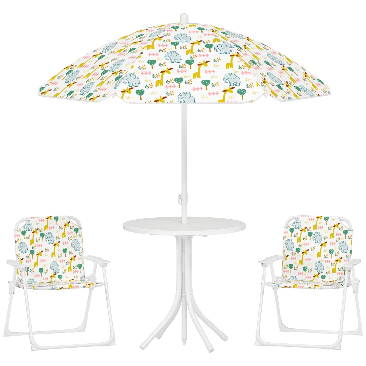 Garden Set for Children 2-5 Years with Round Table, 2 Folding Chairs and a Parasol, White