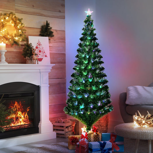 Christmas Tree with 230 LED Lights and Colourful Fiber Optic Lights, 180cm, 230 Fireproof PVC Branches and Metal Base