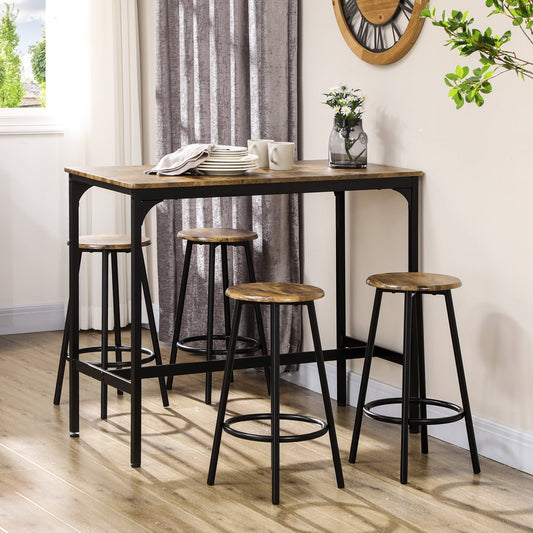 Set of 5 Piece Bar Set with High Table and 4 Industrial Style Stools, Brown and Black