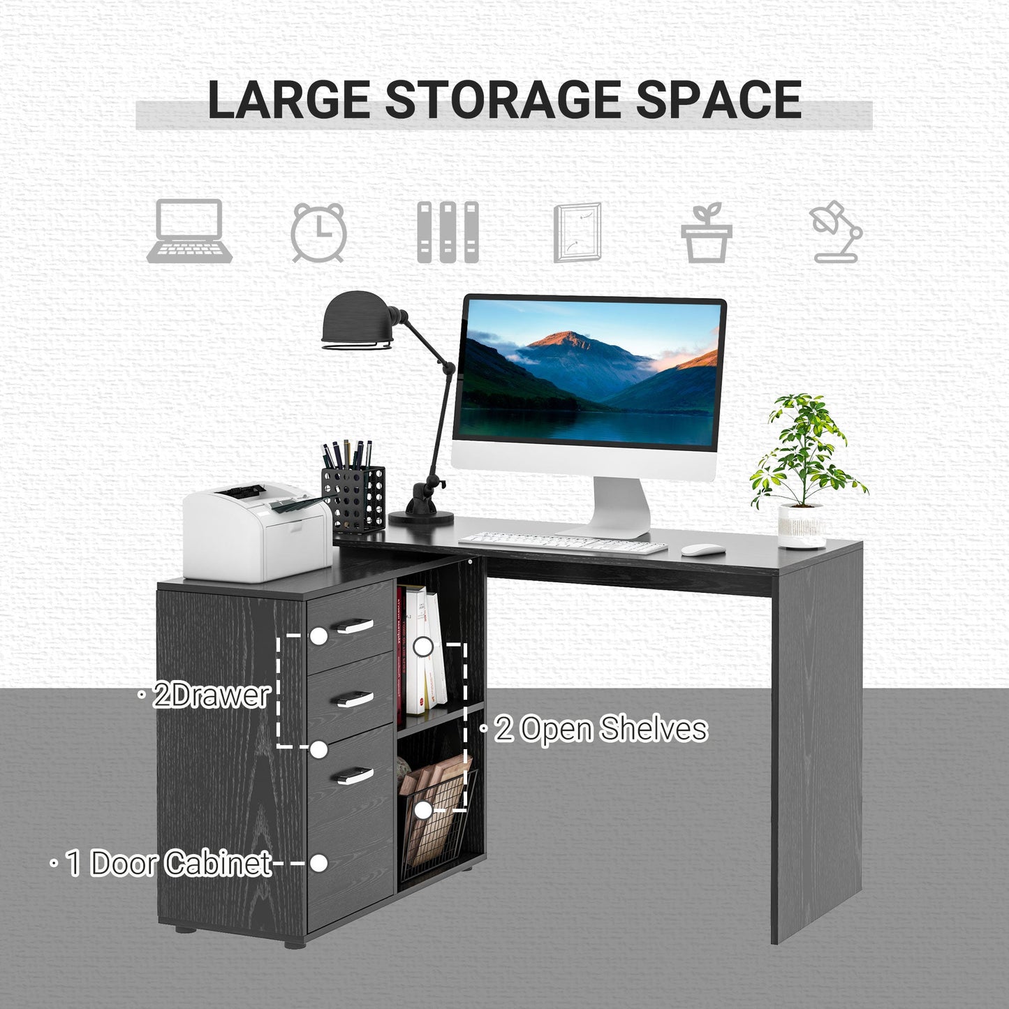 Corner PC Desk with 2 Drawers and Open Shelves, L-Shaped Corner Desk in Wood and Metal, 117x83. 5x76 cm, Black