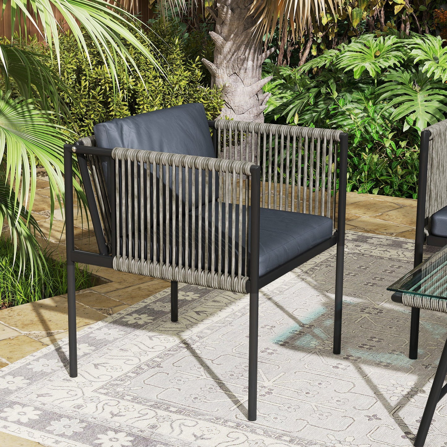 Rattan Garden Lounge Set with 2 Armchairs, 2 Seater Sofa and Glass Coffee Table, Grey