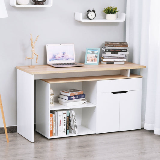Corner Desk with 2-Tier Bookcase, Cabinet and Drawer, 140x117x76 cm, Wood and White