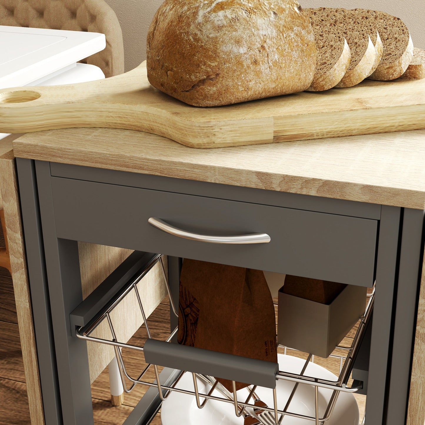 Kitchen Trolley with 3 Baskets, Drawer and 2 Flaps, in Wood and Metal, 37x37x77.5 cm, Grey and Oak