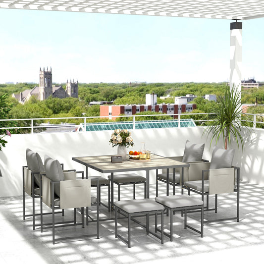 Garden Furniture Set with Dining Table, 4 Outdoor Chairs and 4 Footstools, Grey