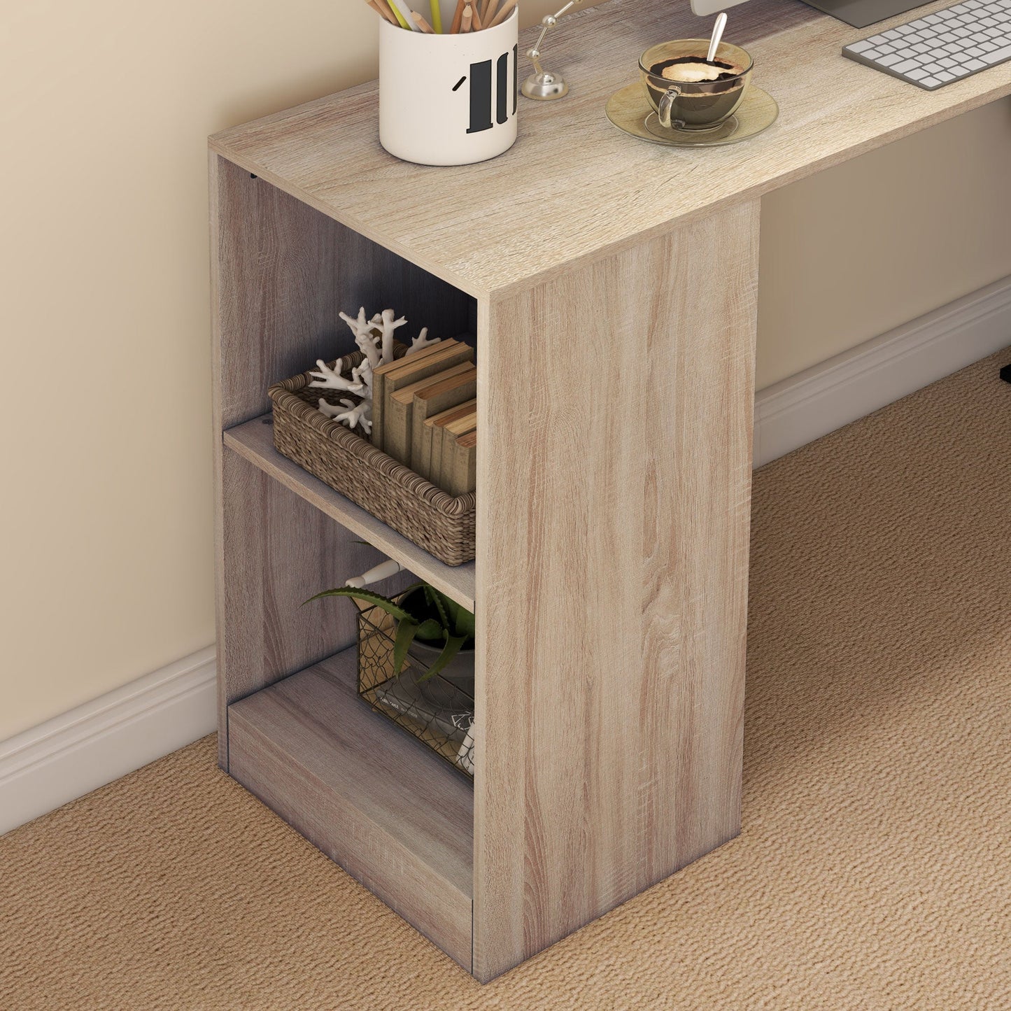 Space-Saving Corner Desk with S-Shaped Shelf, Wooden, 140x120x78 cm, Wood Color